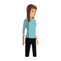 young woman with blue shirt cartoon icon over white background. colorful design. vector illustration
