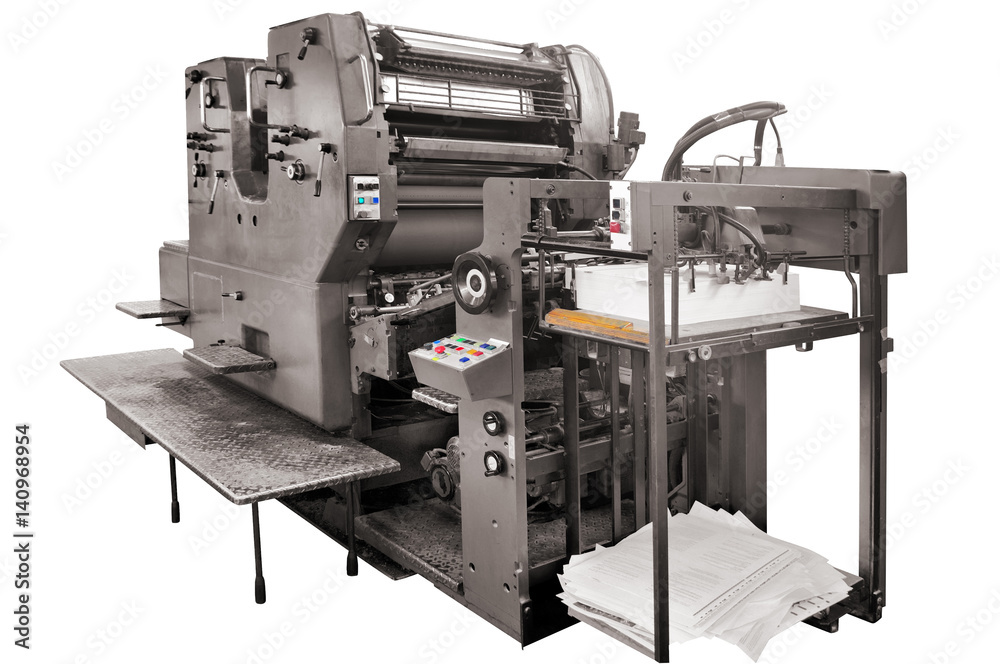 Fototapete old offset printing press isolated on white, clipping path included