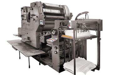 old offset printing press isolated on white, clipping path included