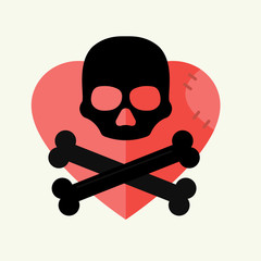 Skull and crossbones mark of the danger warning on red heart and dead skeleton horror art human halloween symbol vector illustration.