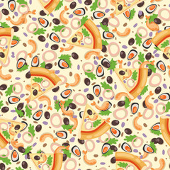 Pizza seamless pattern vector illustration piece slice pizzeria food menu snack on white background ingredient deliver italian cheese restaurant