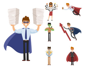 Superhero business man woman vector illustration set character success cartoon power concept businessman strong person silhouette leader team isolated