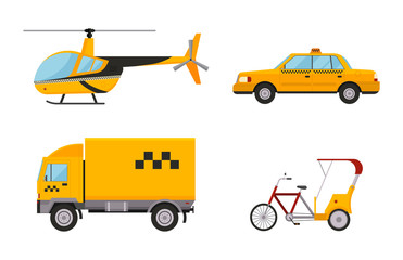 Taxi cab isolated vector illustration white background passenger car transport yellow icon sign city truck van cargo helicopter bicycle different