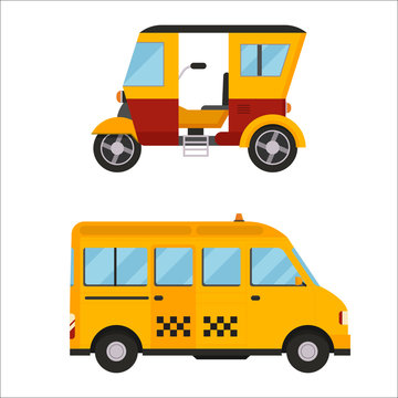 Yellow taxi bus vector illustration isolated car city travel cab transport traffic road street wheel service symbol icon passenger auto sign set
