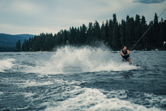Wakesurfing on a lake in summer - McCall, Idaho