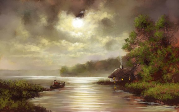 Fisherman, moon, paintings landscape in old style