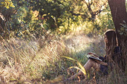 Girl reading book in summer forest