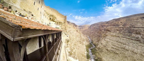 Kidron river valley. Panorama viewed from terrace of Greek Orthodox monastery The Great Lavra of...