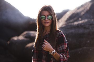 Outdoor fashion image of stylish young lady,fashionable.Lifestyle portrait of stunning hipster...