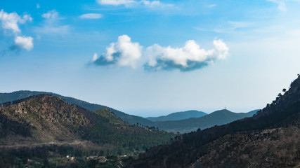 Balearic Island Majorca after forest fire. Serra de Tramuntana mountain view with burnt trees for nature concept website