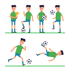 Soccer sport athletes, football goalkeeper playing, kicking, training and practicing football. Flat character isolated on white background. Vector, illustration.