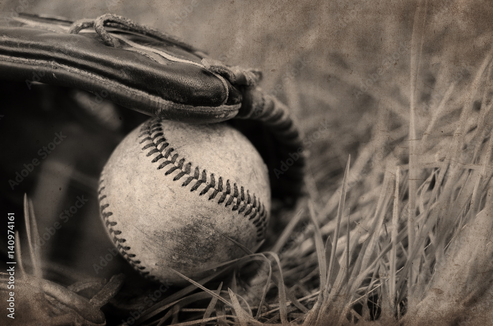 Sticker Vintage baseball background with sepia toned ball and glove.  Great for sports or athletic theme, for player or athlete. - Stickers