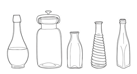 Bottles and jars vintage vector set hand drawn line art illustration