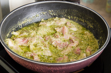 Thai food cooking, Green curry cooking in pan