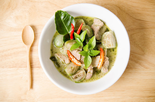 Thai food, Green curry pork in a bowl
