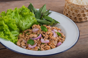 Spicy minced pork salad and sticky rice, Thai food