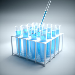 Test tubes filled with blue chemistry, science concept and laboratory.