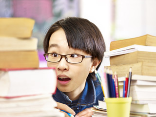 asian elementary schoolboy shocked by workload