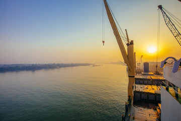 Fototapeta premium Business Logistics concept,Truck in container depot in import and export area at port,Container Cargo freight ship for Logistic Import Export 