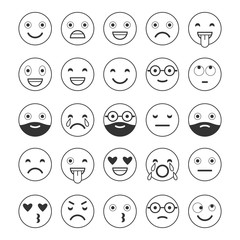 Black and white linear flat icons of emoticons. Smile with a beard, different emotions, moods.