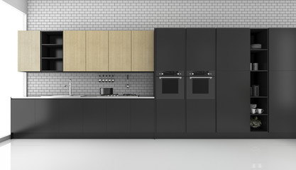 3d rendering black modern loft kitchen with brick wall