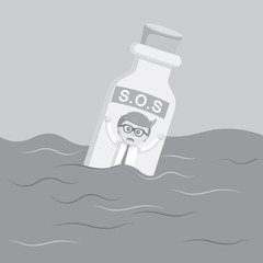 black and white businessman in floating sos bottle black and white color style
