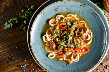 Noodles with mutton and vegetables. Central Asian cuisine. Lagman