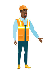 Constructor with arm out in a welcoming gesture.