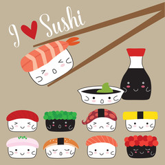 Vector illustration Japanese food. Sushi and soy sauce.