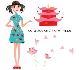 vector illustration with a pretty Chinese girl welcoming to China