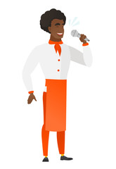 African-american chef cook singing to microphone.