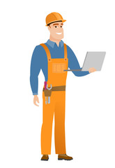 Builder using laptop vector illustration.