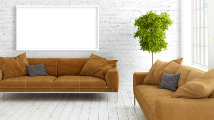 Modern bright interior with empty frame . 3D rendering