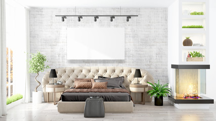 Modern interior with empty frame . 3D rendering