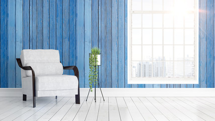 Modern bright interior with large window . 3D rendering