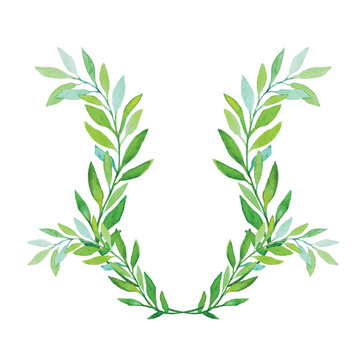 Watercolor Laurel Wreath Isolated on White Background.