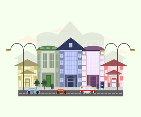Urban landscape with transportation in flat design. Illustration of colorful houses.