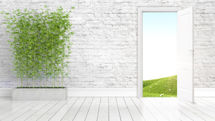 Modern bright interior with open door . 3D rendering