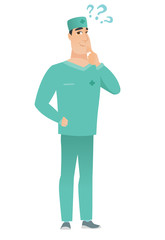 Thinking doctor with question marks.