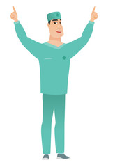 Doctor standing with raised arms up.