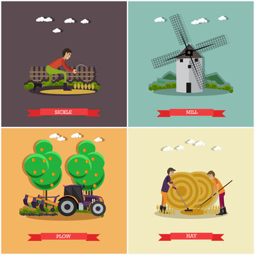 Vector set of farming posters, banners in flat style.