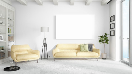 Modern bright interior with empty frame . 3D rendering