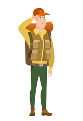 Young caucasian traveler scratching head.