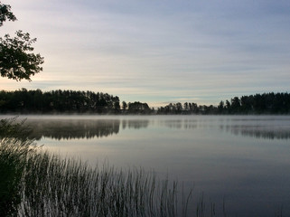 Fototapeta na wymiar Morning fog on the lake, sunrise shot