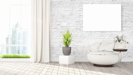 Modern bright interior with empty frame . 3D rendering