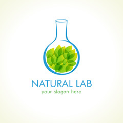 Natural lab logo. Green leaves in testing flask. Vector branding sign of tests, cosmetics, chemist's. Scientific environmental researches. Healthy life and products symbol. Pharmaceutical companies.
