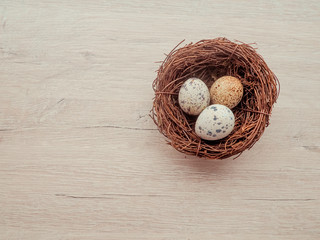 Quail eggs in a nest on a wooden background