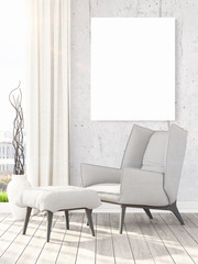 Modern interior with empty frame . 3D rendering