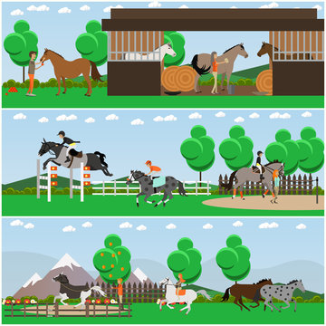 Vector set of horse riding posters, banners in flat style