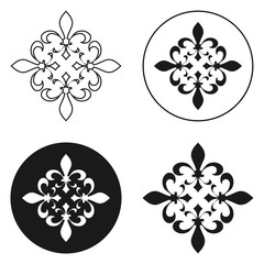 Collection of fleur de lis symbols, black silhouettes - heraldic symbols. Vector Illustration. Medieval signs. Glowing french fleur de lis royal lily. Elegant decoration symbols.